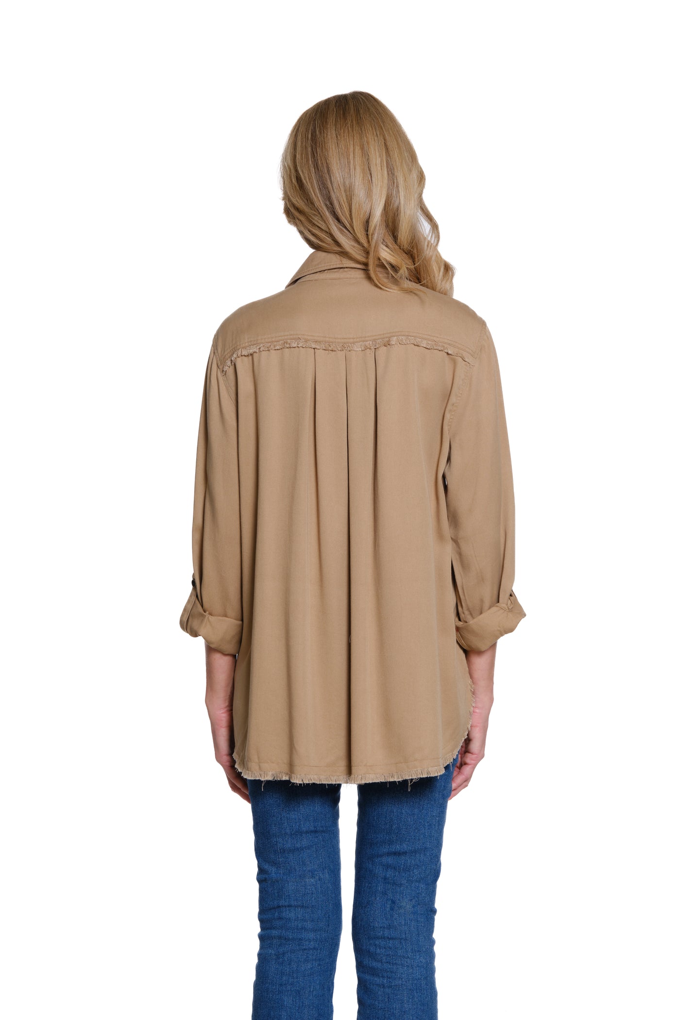 Solid Twill Shirt with Fringe Detail - Plus - Tan