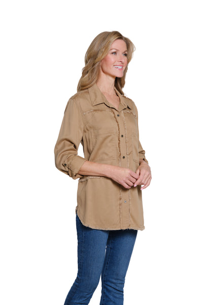 Solid Twill Shirt with Fringe Detail - Plus - Tan