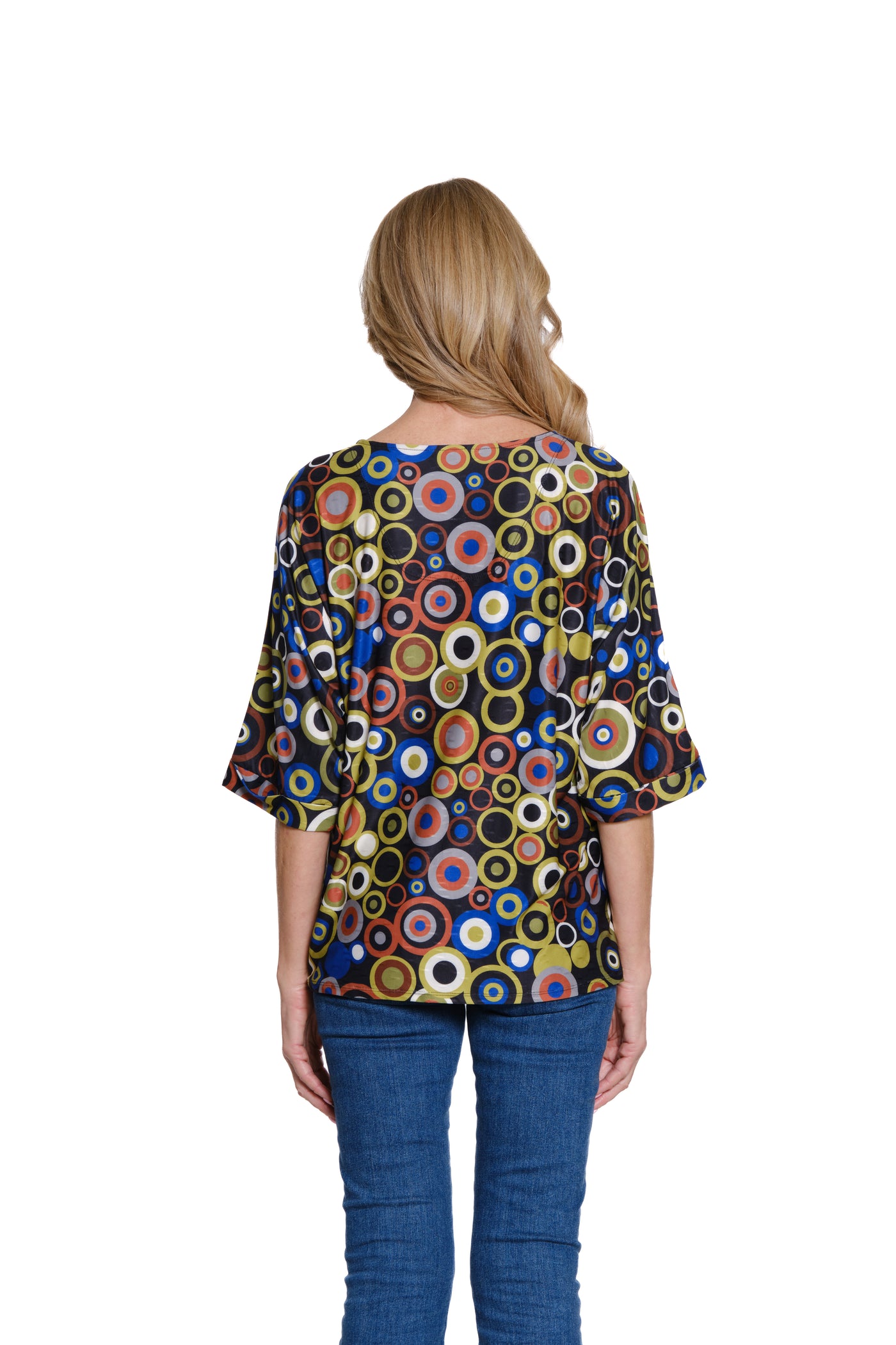 Printed Slub Knit V-Neck Top - Circle Multi
