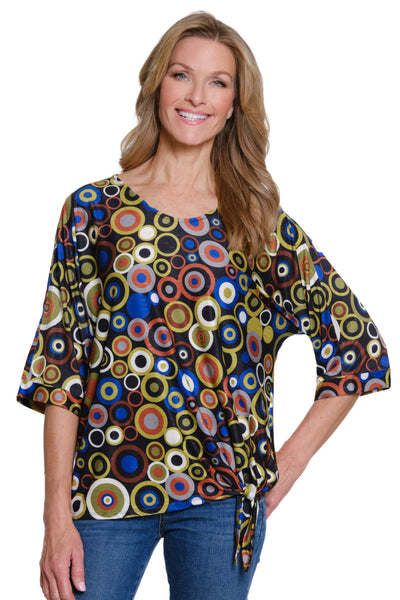 Printed Slub Knit V-Neck Top - Circle Multi