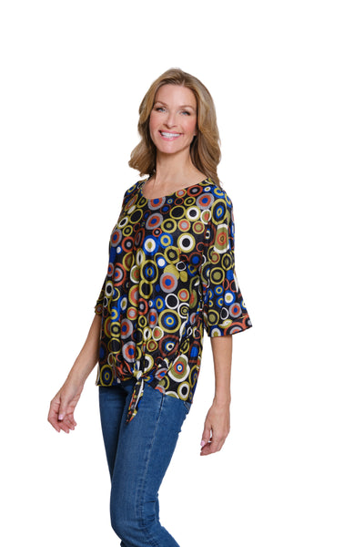 Printed Slub Knit V-Neck Top - Circle Multi
