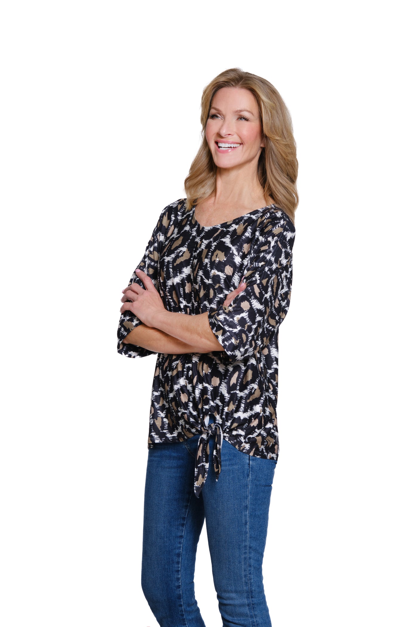 Printed Slub Knit V-Neck Top - Petite - Skin Multi