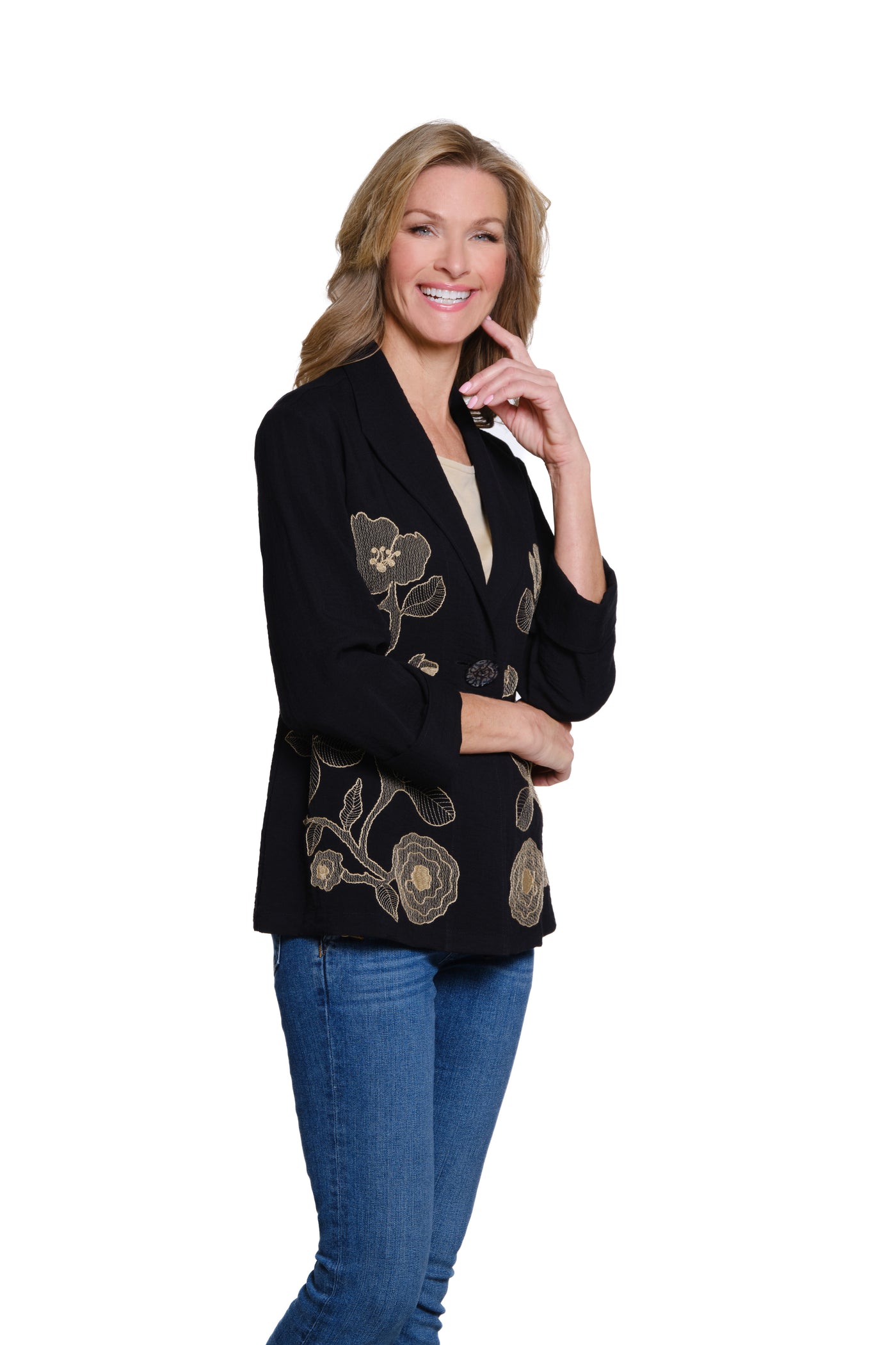 Woven Jacket with Contrast Embroidery - Black