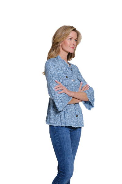 Peplum Jacket with Flounce Sleeves - Petite - Denim Print