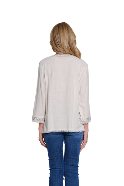 Textured Woven Top with Fringe & Embroidery - Petite - Multi