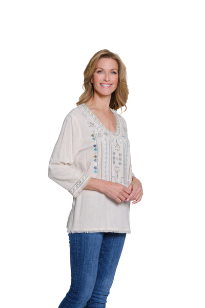 Textured Woven Top with Fringe & Embroidery - Multi