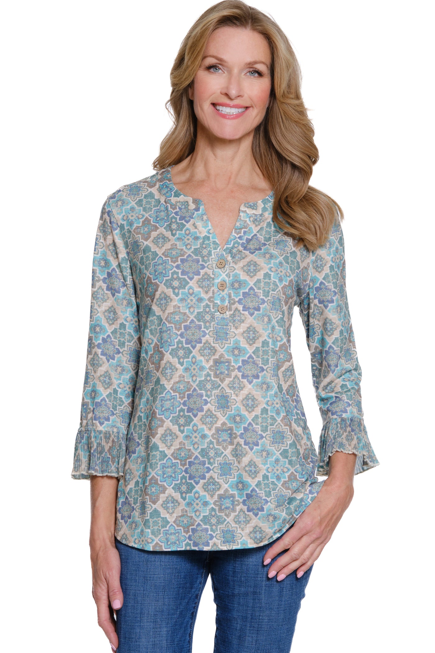 Printed Pleated Flounce Sleeve Top - Multi