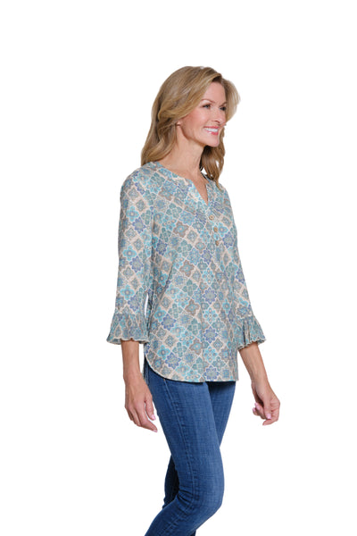 Printed Pleated Flounce Sleeve Top - Multi