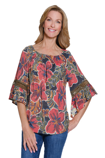 Printed Crinkle Woven Top with Flounce Sleeves - Multi