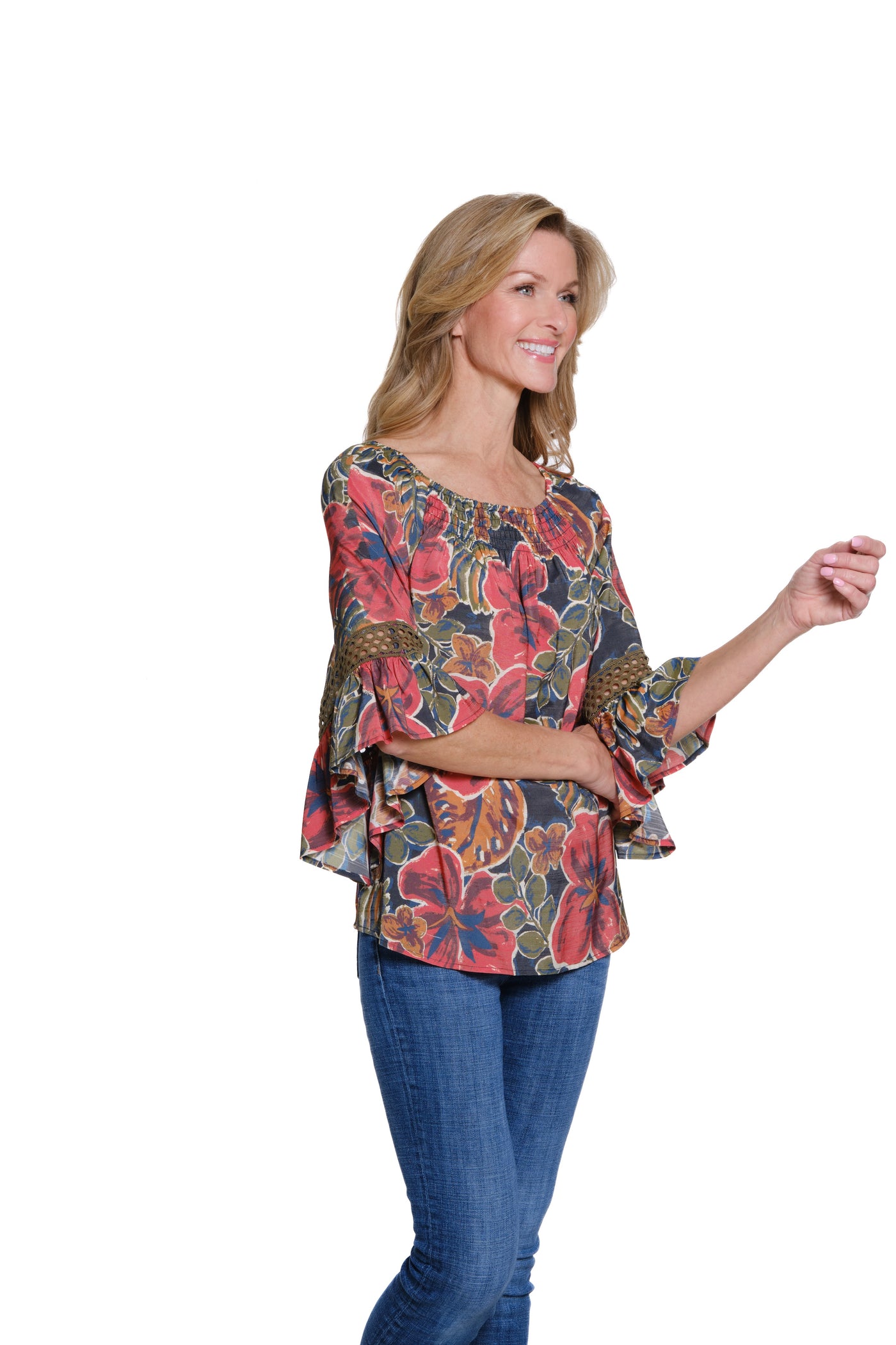 Printed Crinkle Woven Top with Flounce Sleeves - Multi