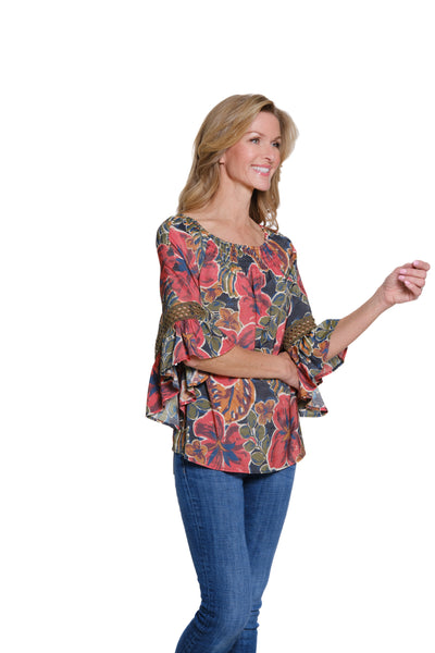 Printed Crinkle Woven Top with Flounce Sleeves - Multi