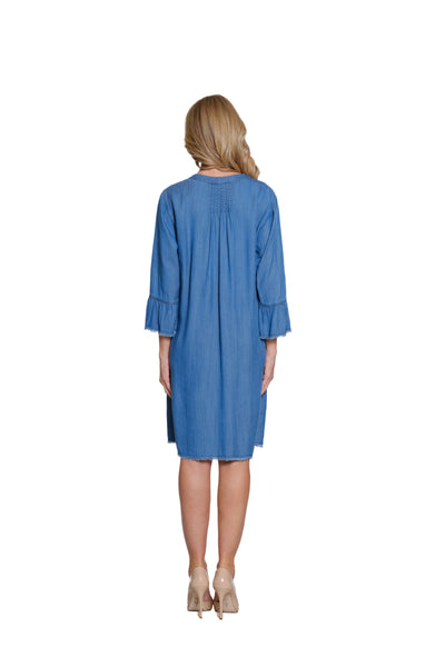 Embroidered Denim Dress with Flounce Sleeves - Medium Indigo