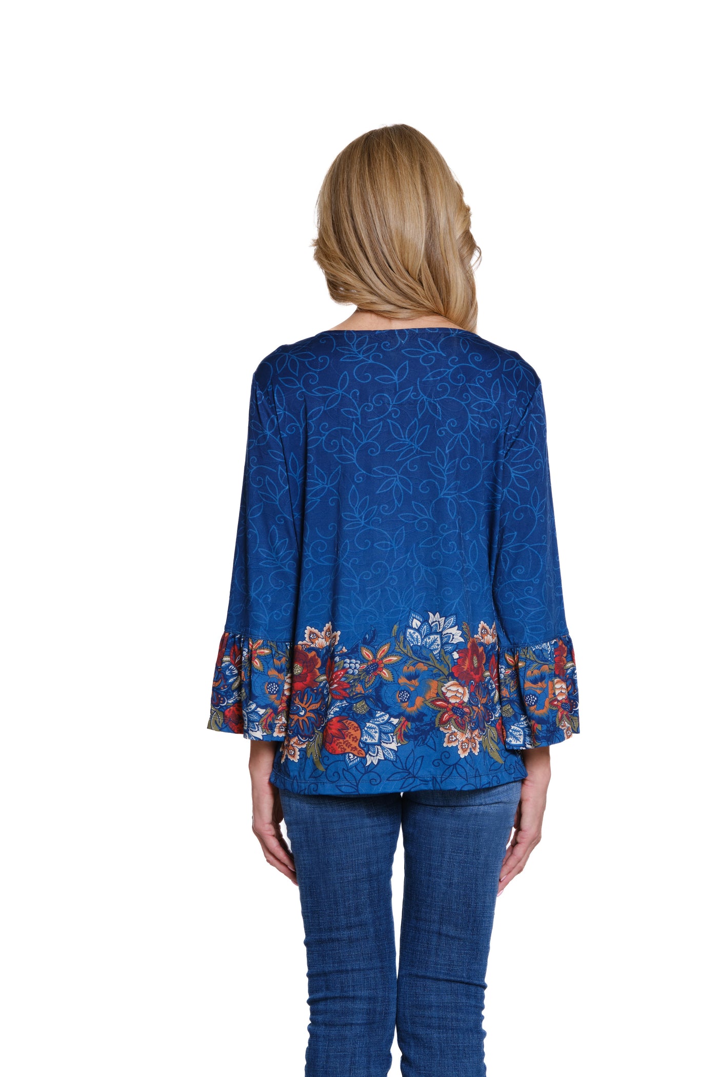 Print Jacquard Top with Flounce Sleeves - Multi