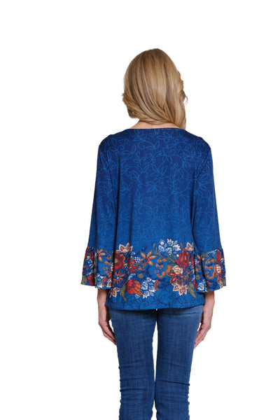 Print Jacquard Top with Flounce Sleeves - Multi