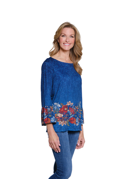 Print Jacquard Top with Flounce Sleeves - Multi