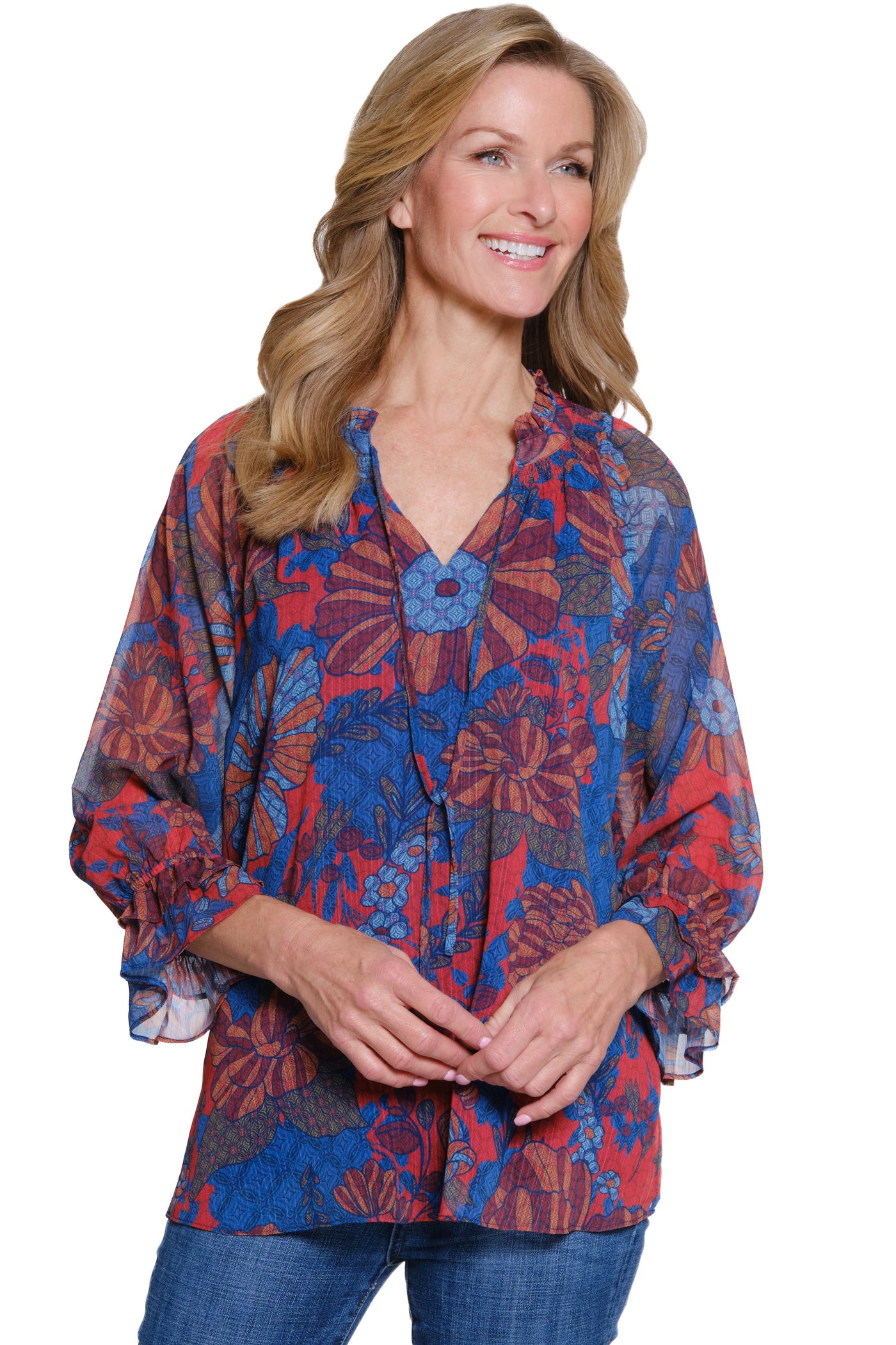 Double Flounce Sleeve Print Top - Plus - Multi