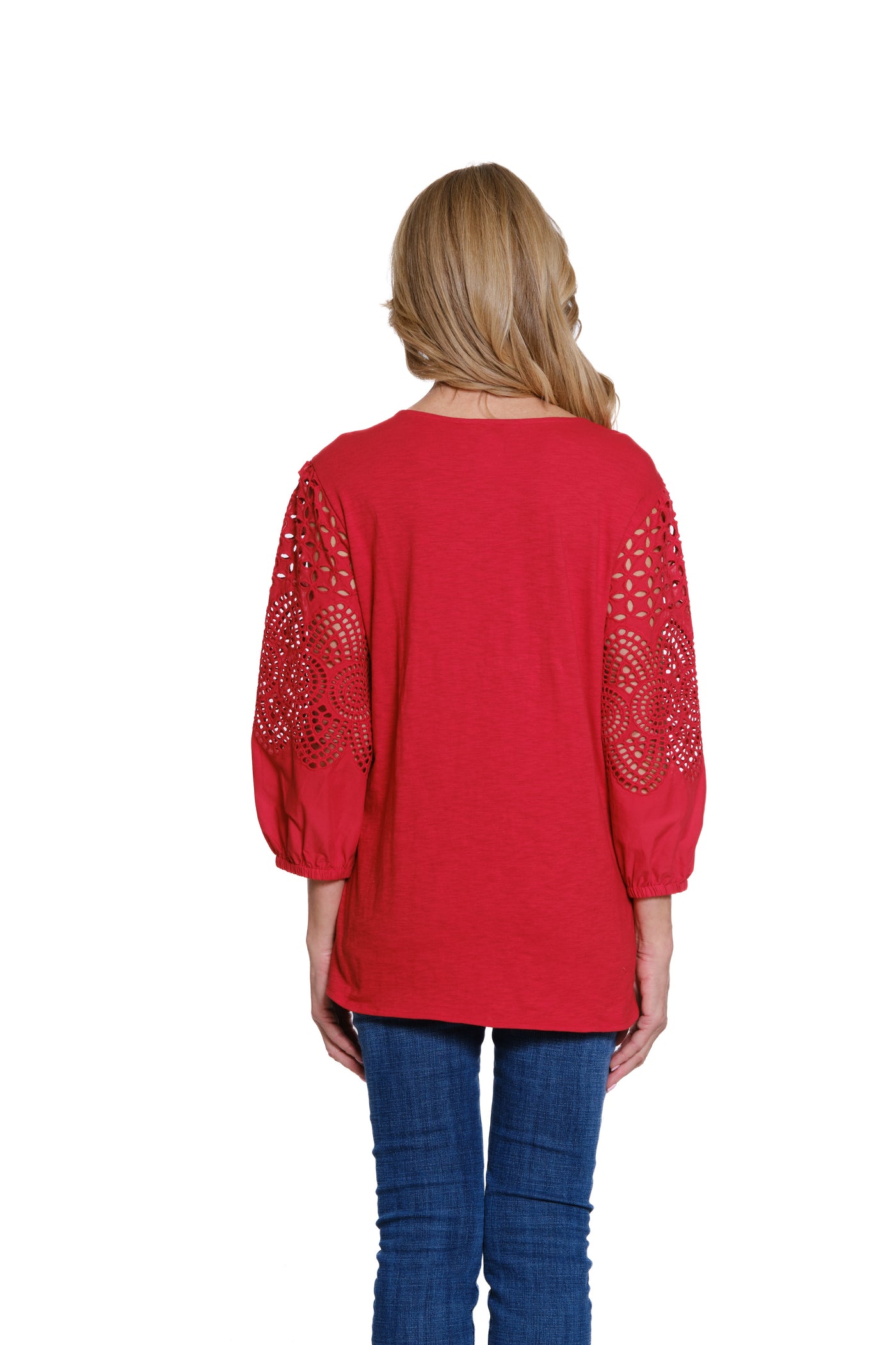 Embroidered Sleeve Slub Knit Top - Garnet