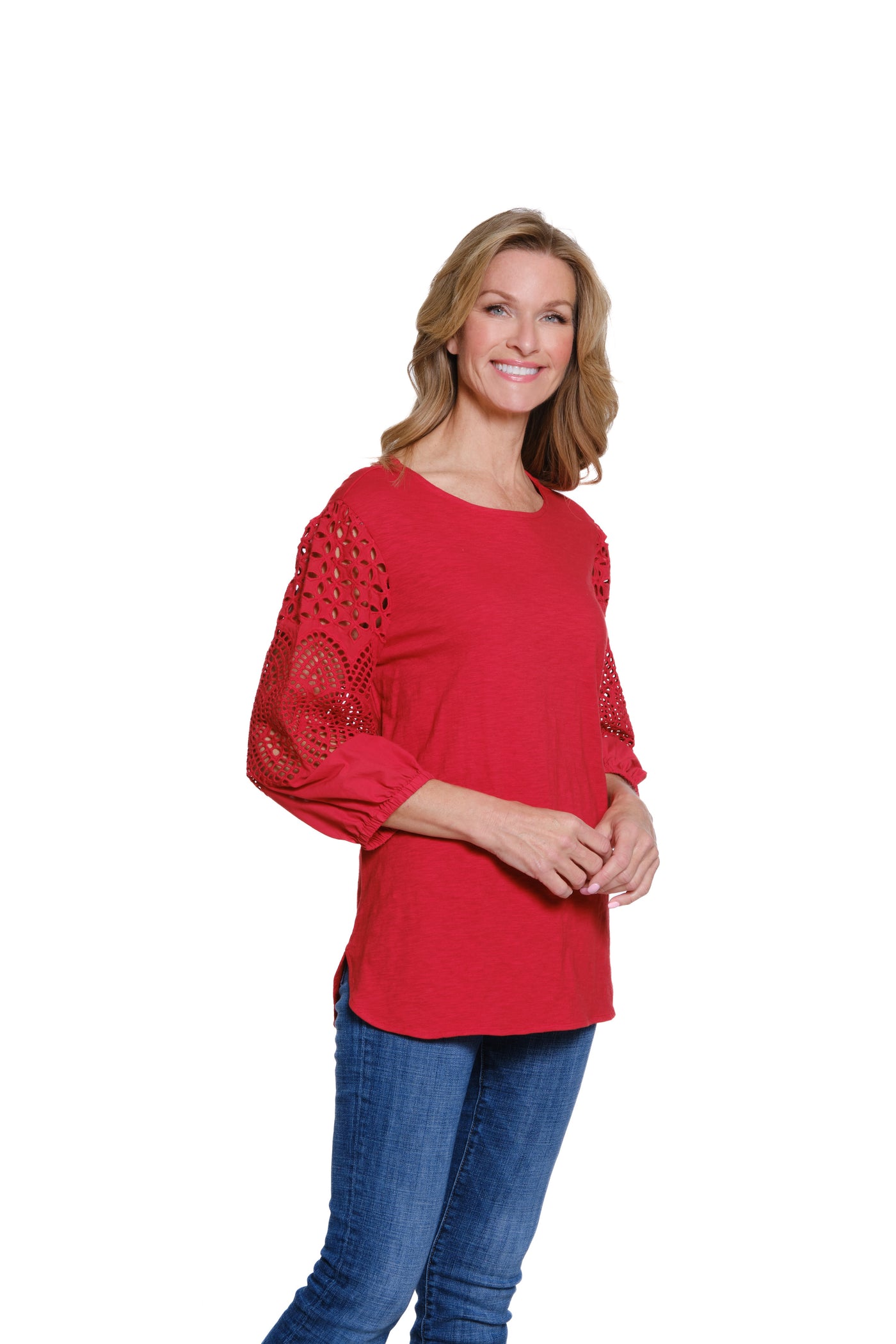 Embroidered Sleeve Slub Knit Top - Garnet