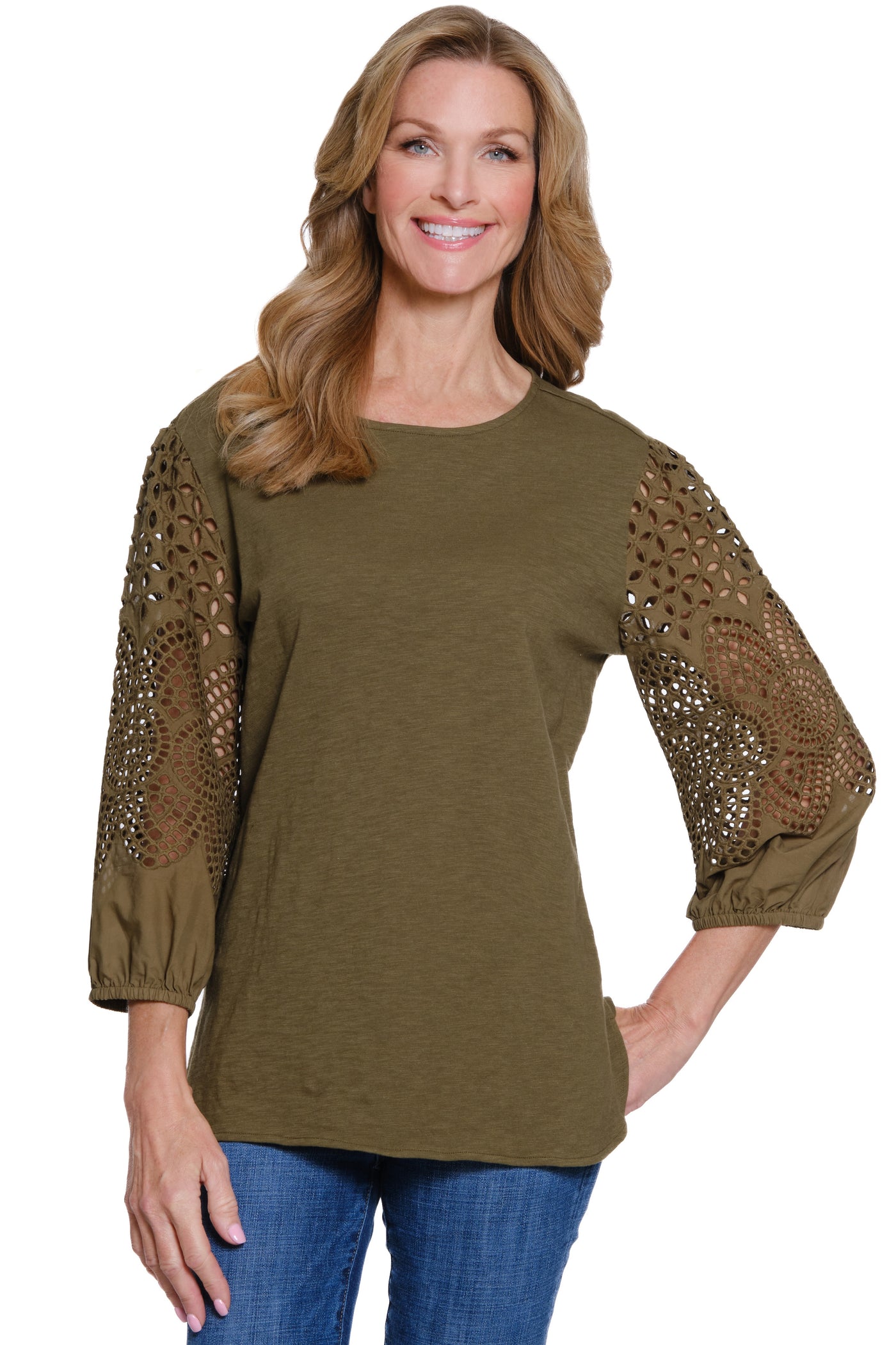 Embroidered Sleeve Slub Knit Top - Petite - Moss Green