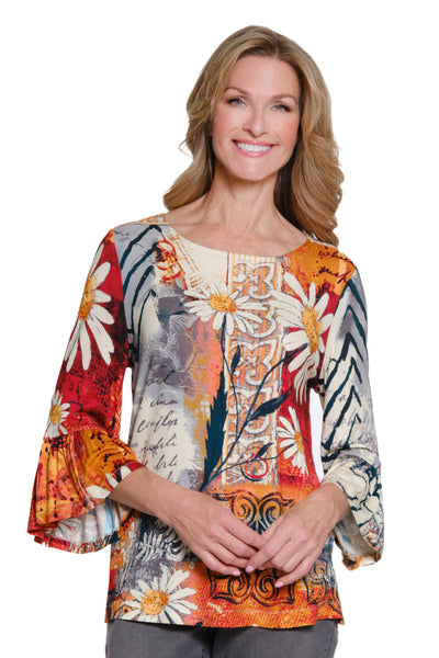 Woman wearing a colorful floral blouse on a white background