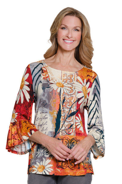 Woman wearing a colorful floral blouse on a white background