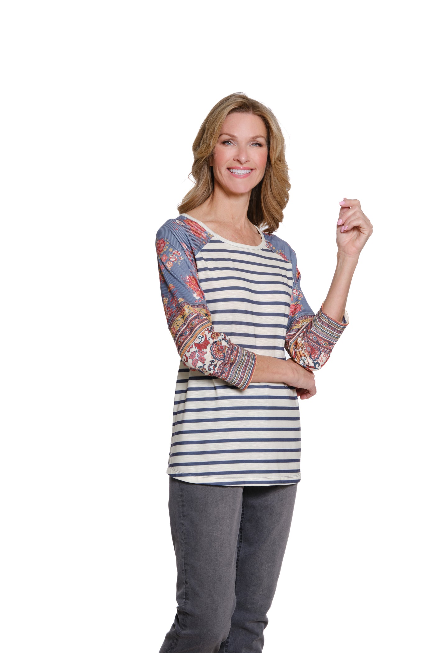 Mixed Print Top with Lace Trim - Petite - Multi