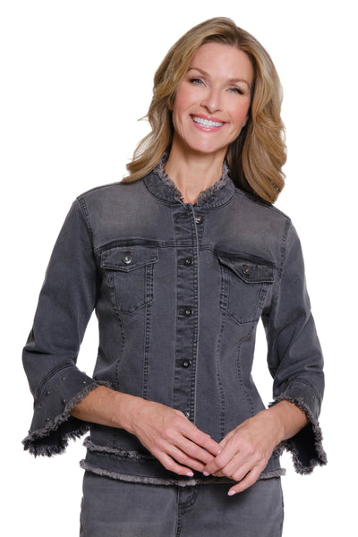 Woman wearing a gray denim jacket on a white background