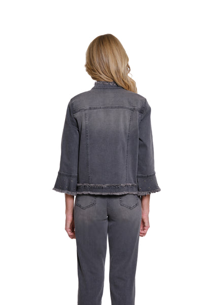 Embellished Denim Jacket with Fringed Flounce Sleeves - Medium Grey Denim