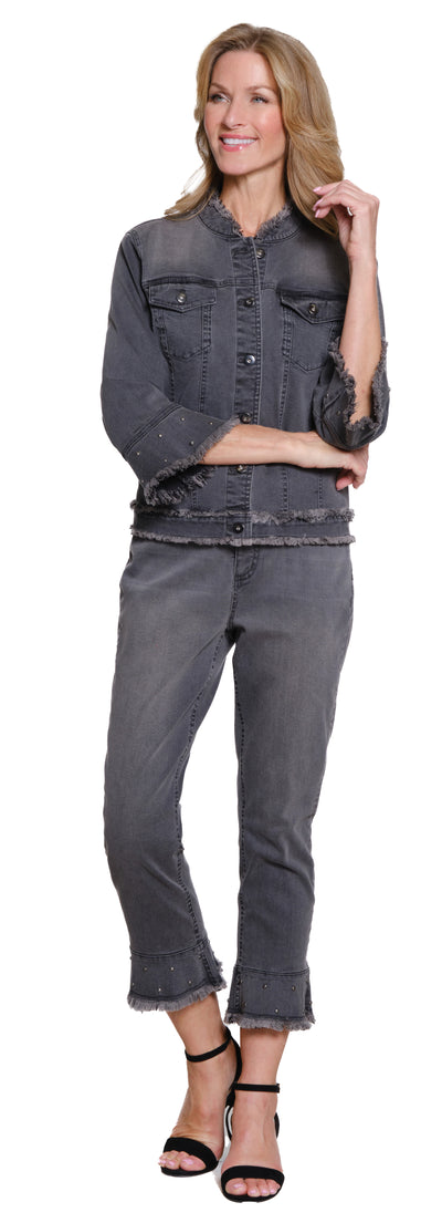 Embellished Denim Jacket with Fringed Flounce Sleeves - Medium Grey Denim