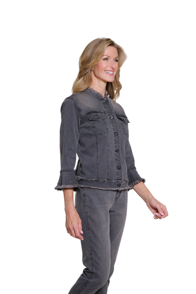 Embellished Denim Jacket with Fringed Flounce Sleeves - Medium Grey Denim
