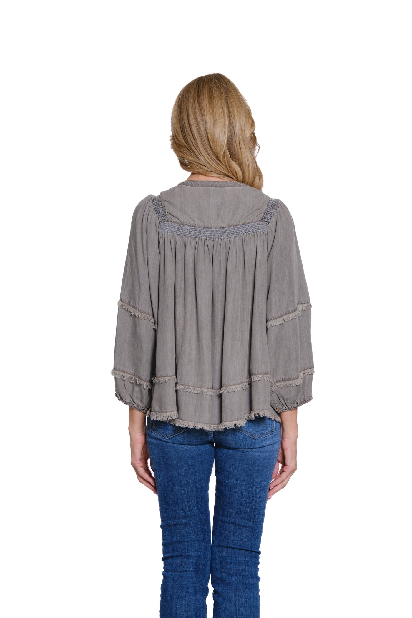 Embroidered Top with Shirring & Fringe Trim - Medium Grey Denim