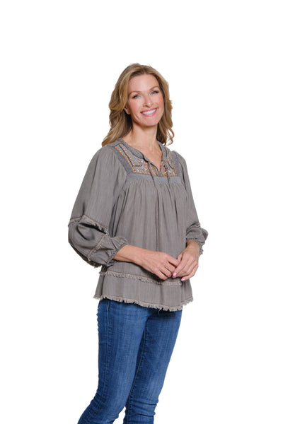 Embroidered Top with Shirring & Fringe Trim - Medium Grey Denim