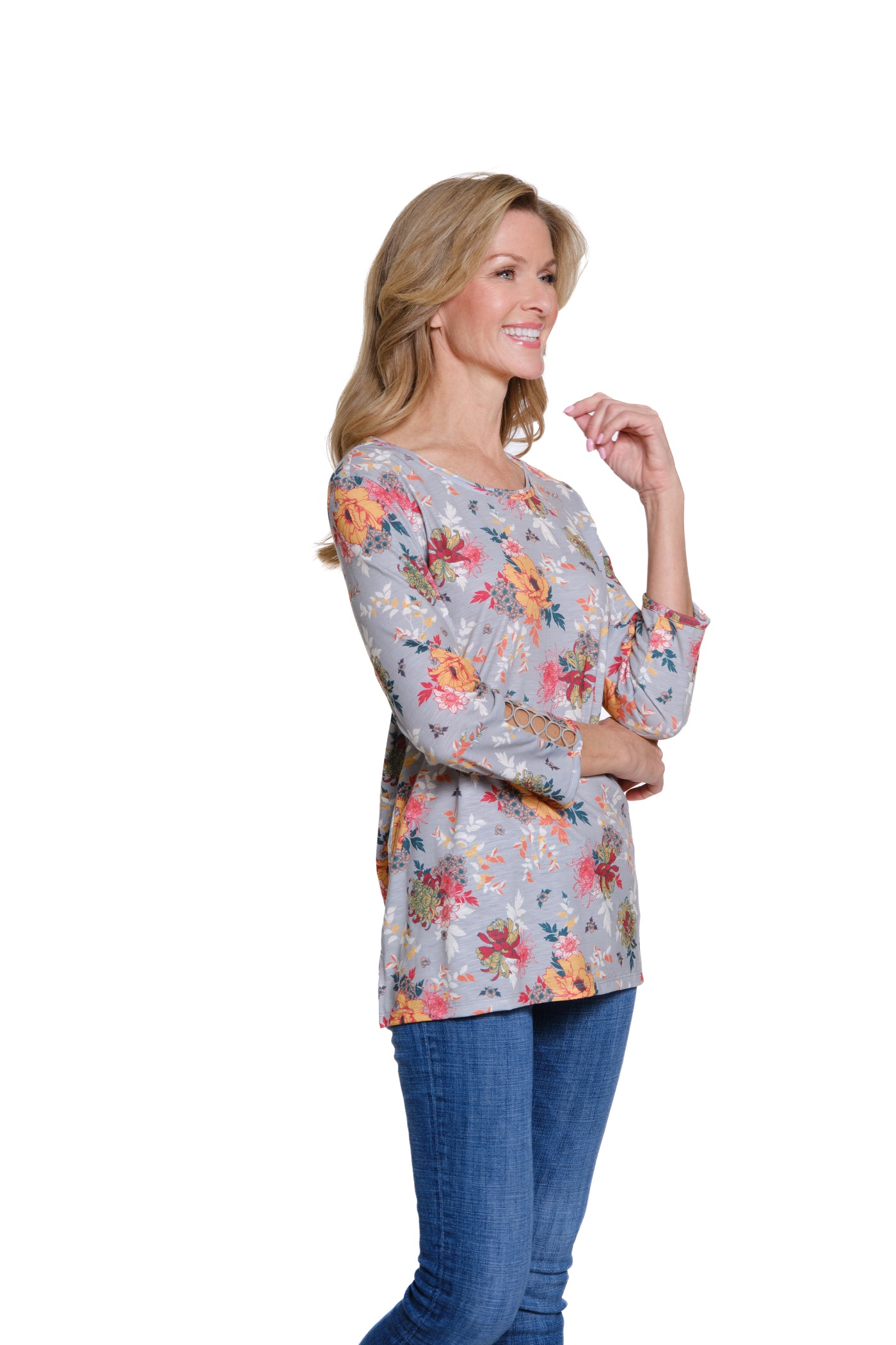 Printed Knit Top with Lace Trim - Multi