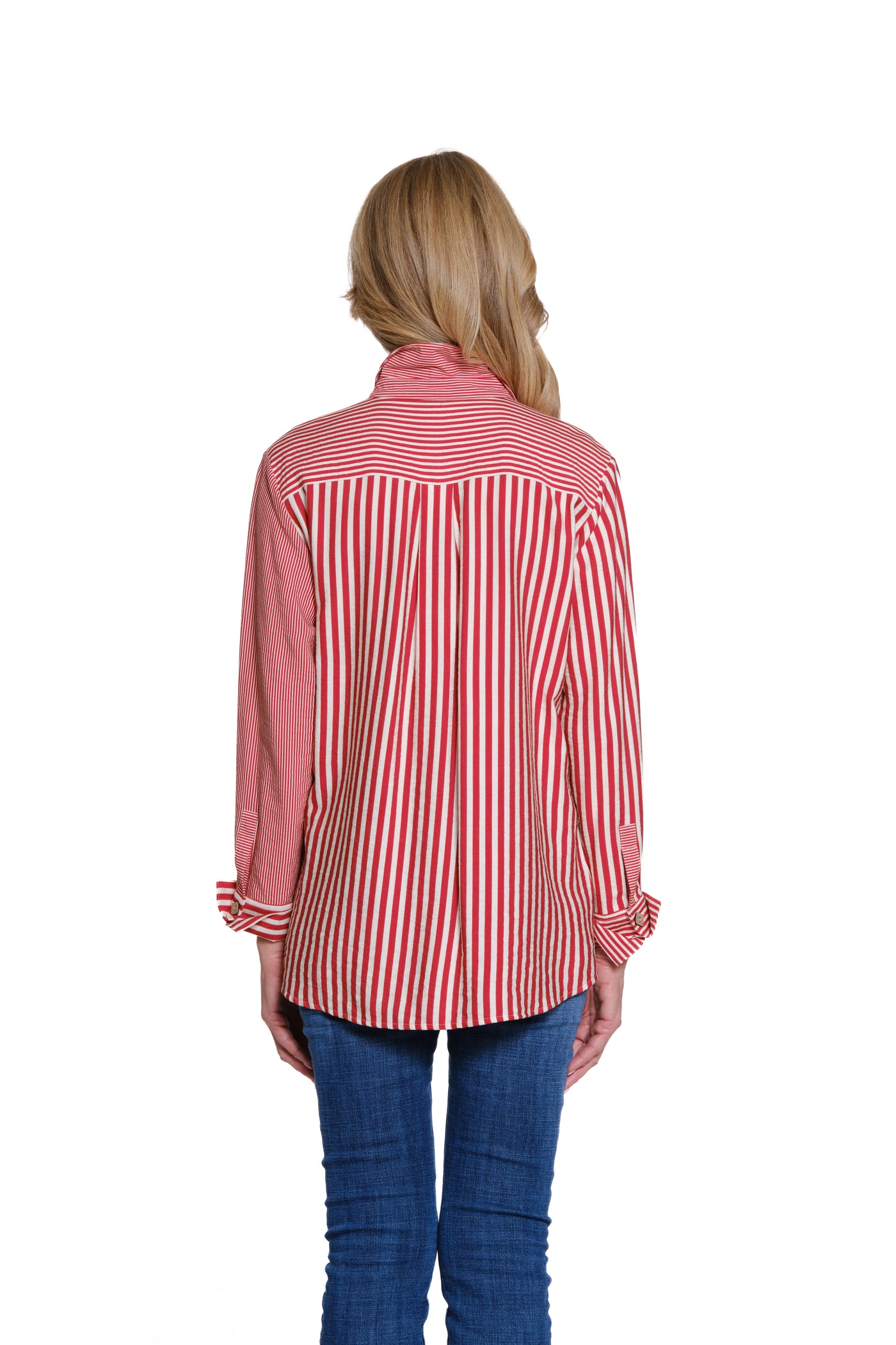 Striped Woven Shirt with Turn-Up Cuffs - Chili Pepper