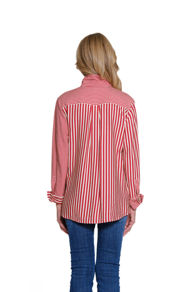 Striped Woven Shirt with Turn-Up Cuffs - Chili Pepper