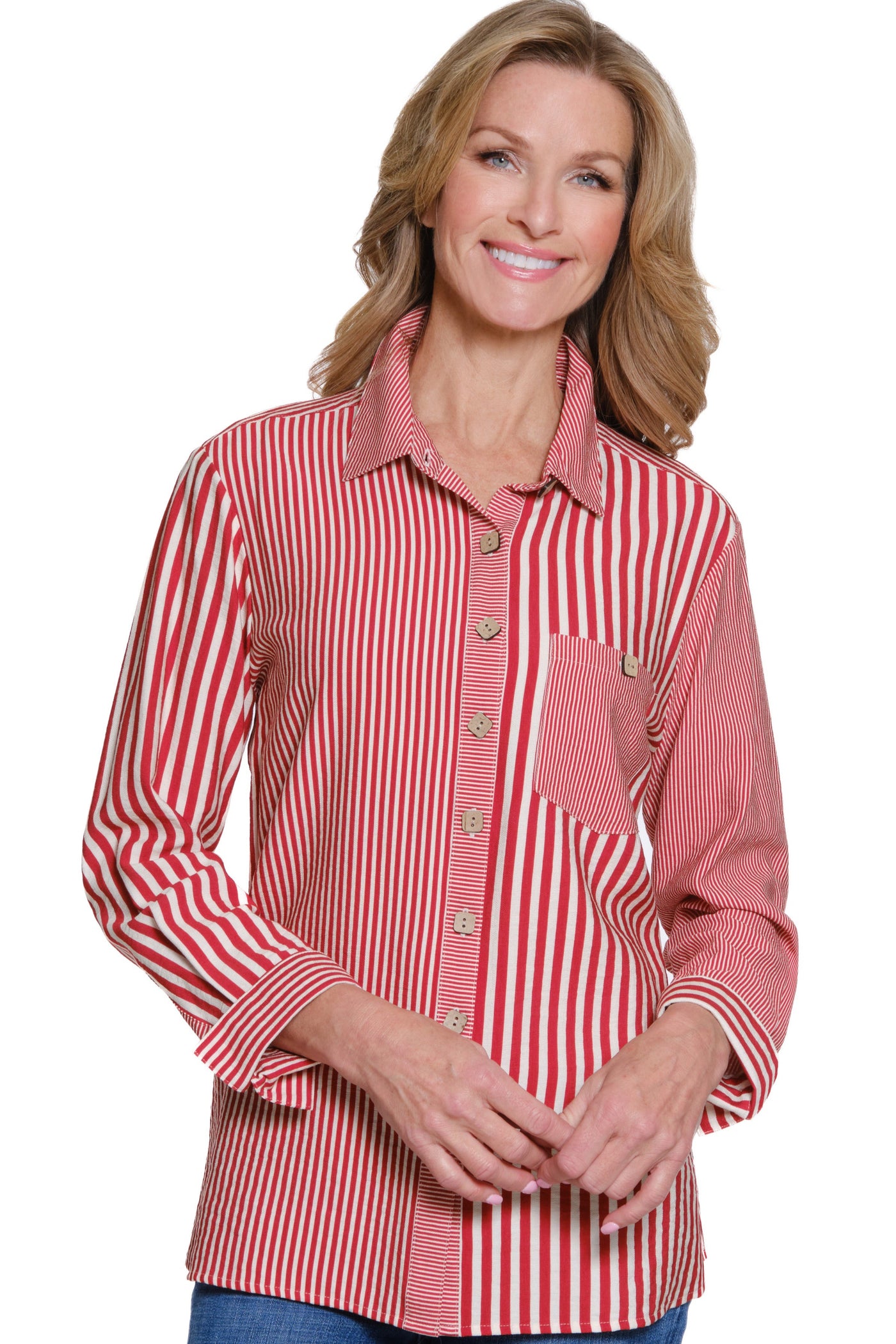 Woman wearing a red and white striped shirt on a white background