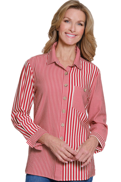 Woman wearing a red and white striped shirt on a white background