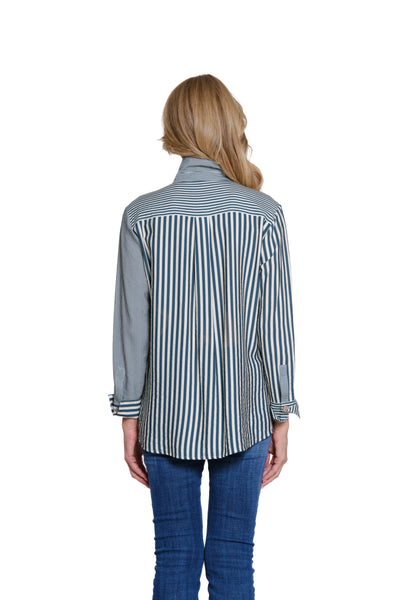 Striped Woven Shirt with Turn-Up Cuffs - Petite - Deep Green