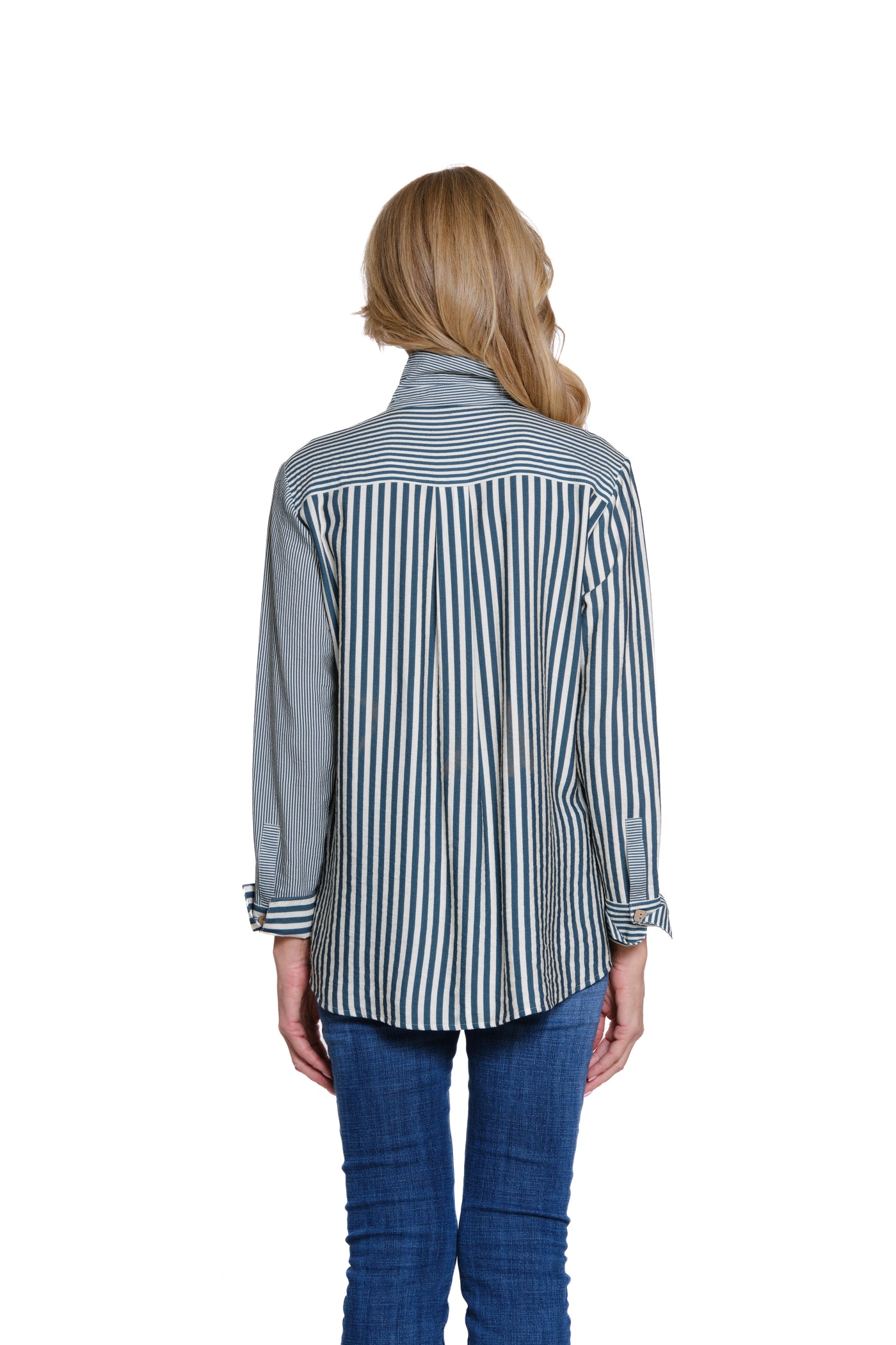 Striped Woven Shirt with Turn-Up Cuffs - Deep Green