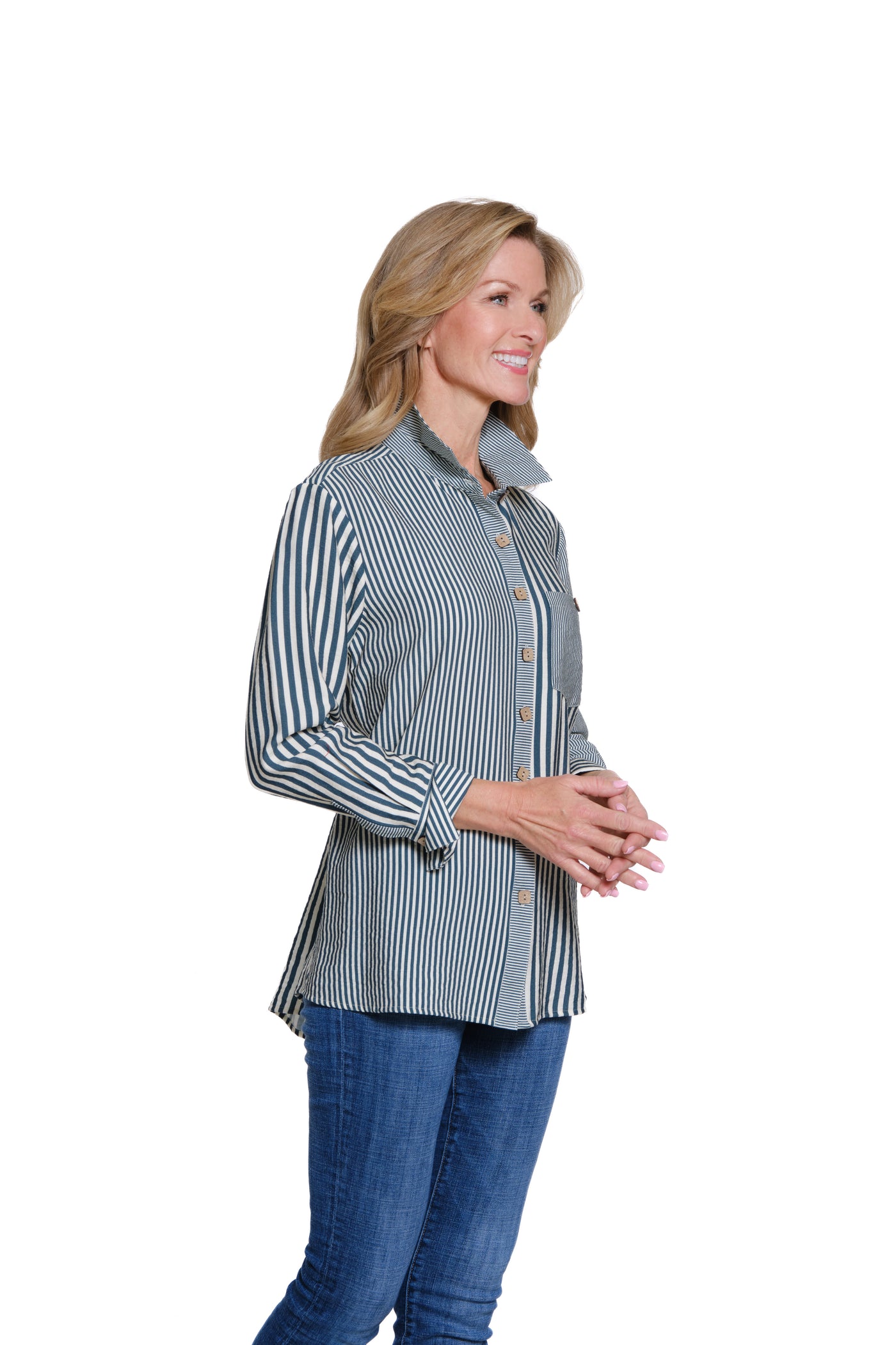 Striped Woven Shirt with Turn-Up Cuffs - Petite - Deep Green