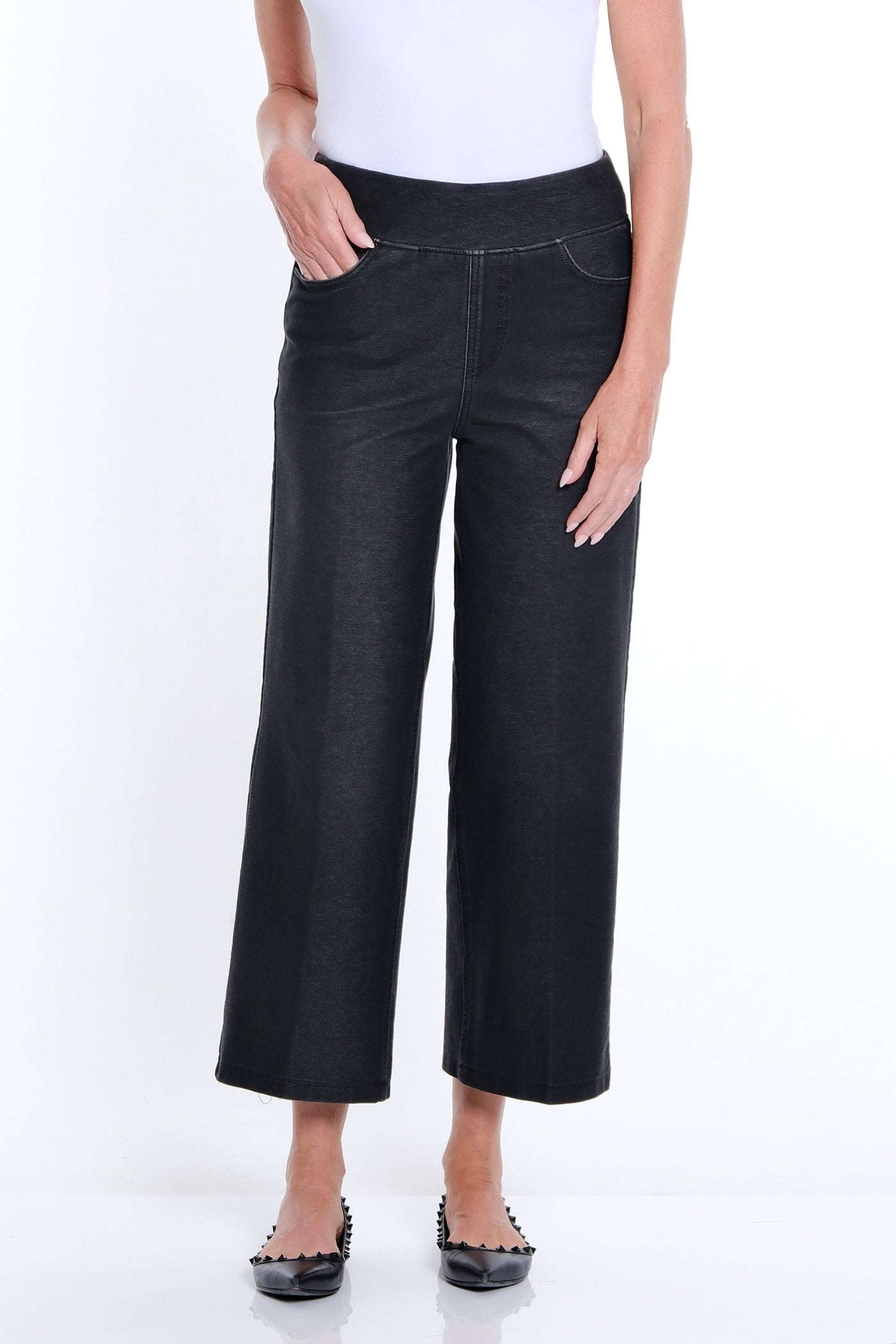 Stretch Knit Wide Leg Denim Ankle Jean - Medium Grey Denim