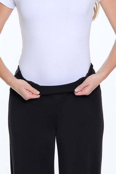 Wide Band Knit Wide Leg Ankle Pant - Black