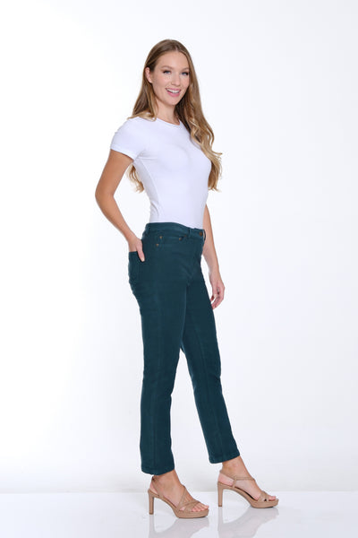 Woman wearing a white t-shirt and dark green pants on a white background
