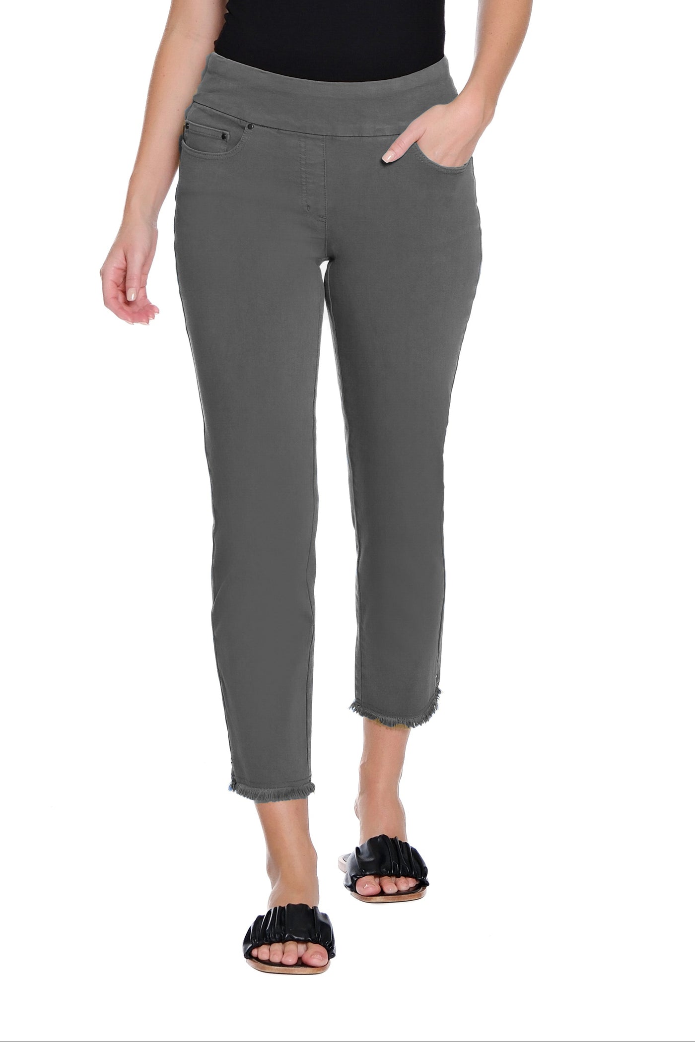 Denim Ankle Jean with Fringe Hem - Medium Grey Denim