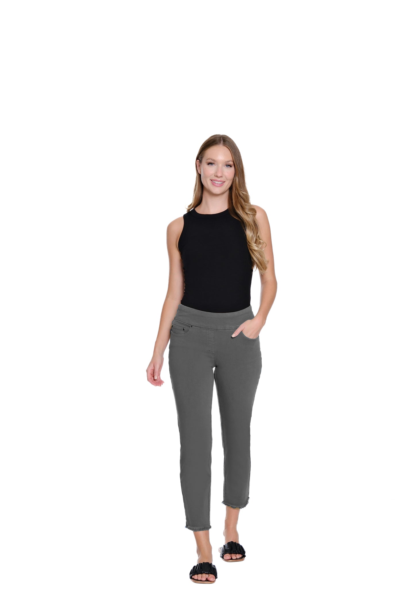 Denim Ankle Jean with Fringe Hem - Medium Grey Denim
