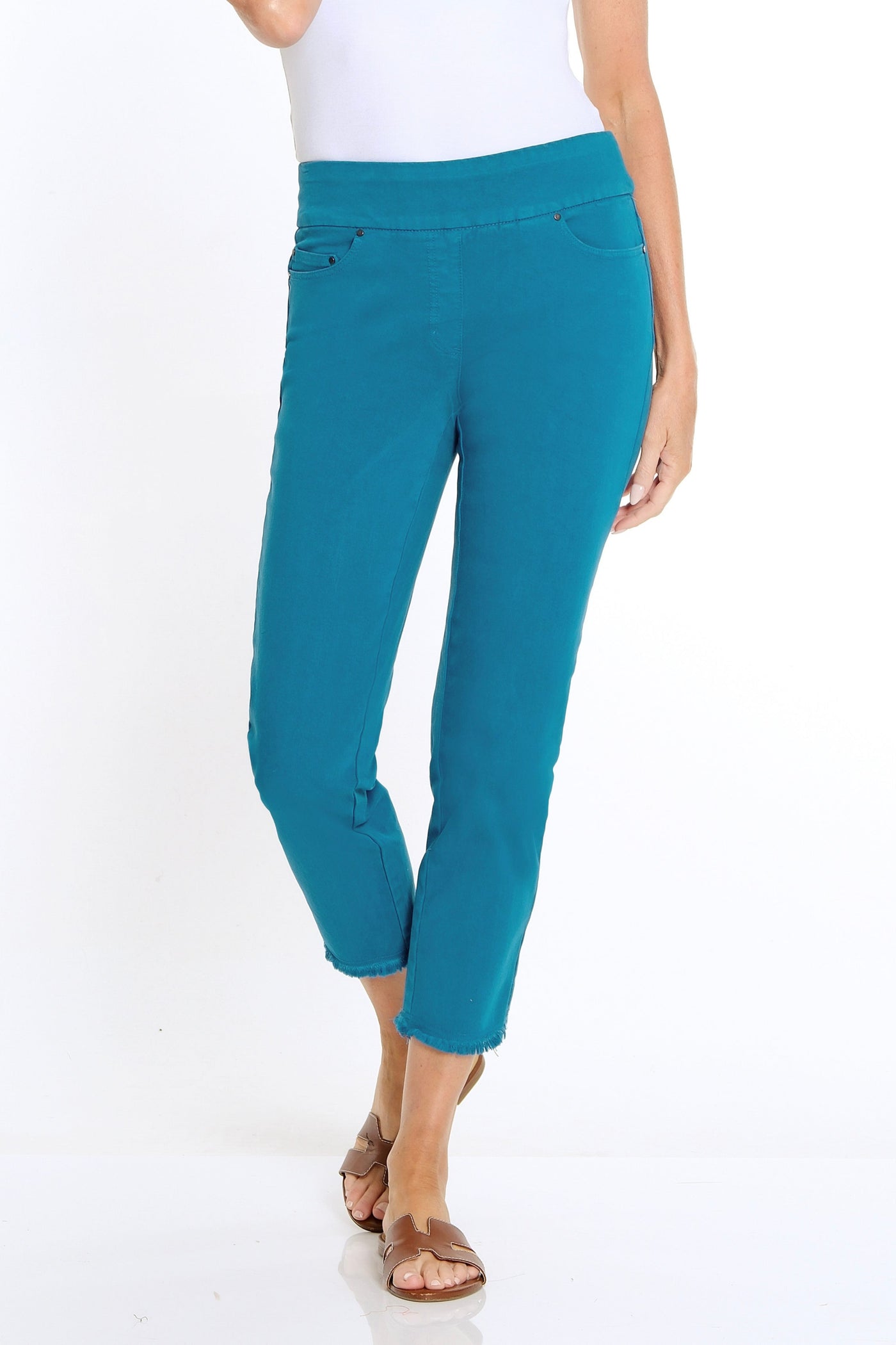 Denim Ankle Jean with Fringe Hem - Peacock