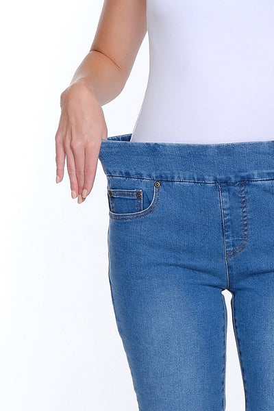 Denim Crop Jean with Eyelet Embroidered Fringe Hem - Medium Indigo