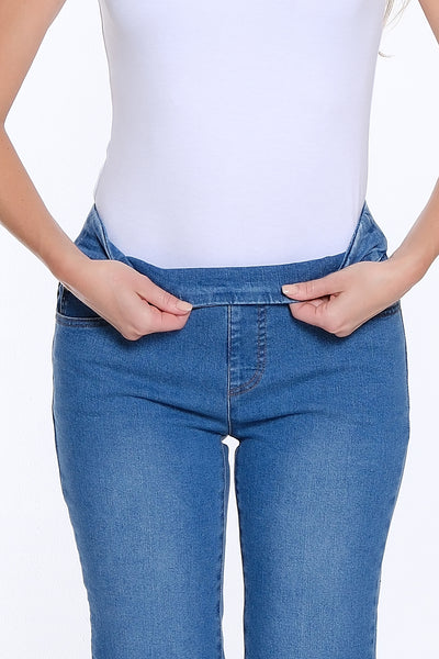 Denim Crop Jean with Eyelet Embroidered Fringe Hem - Medium Indigo