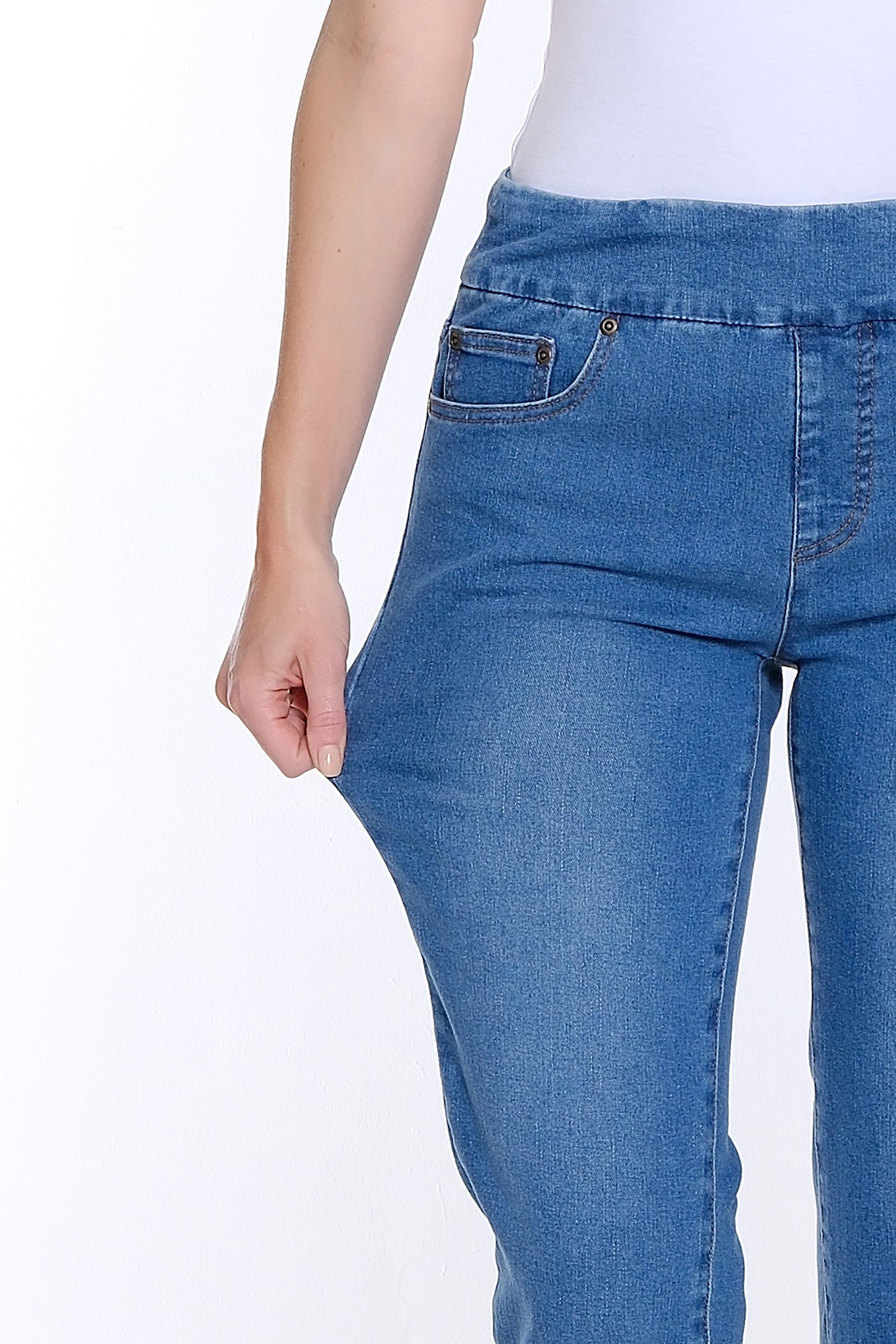 Denim Crop Jean with Eyelet Embroidered Fringe Hem - Medium Indigo