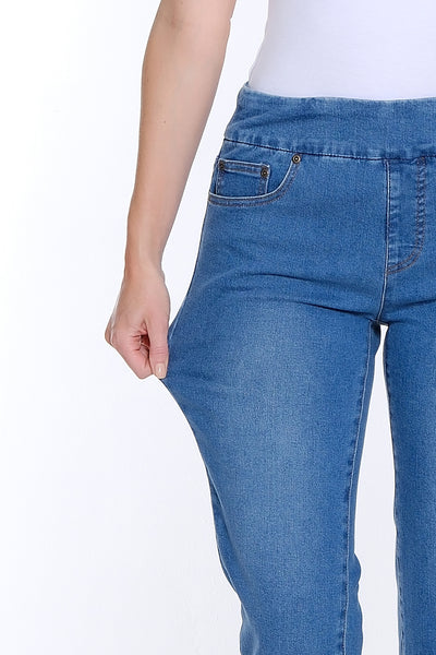 Denim Crop Jean with Eyelet Embroidered Fringe Hem - Medium Indigo